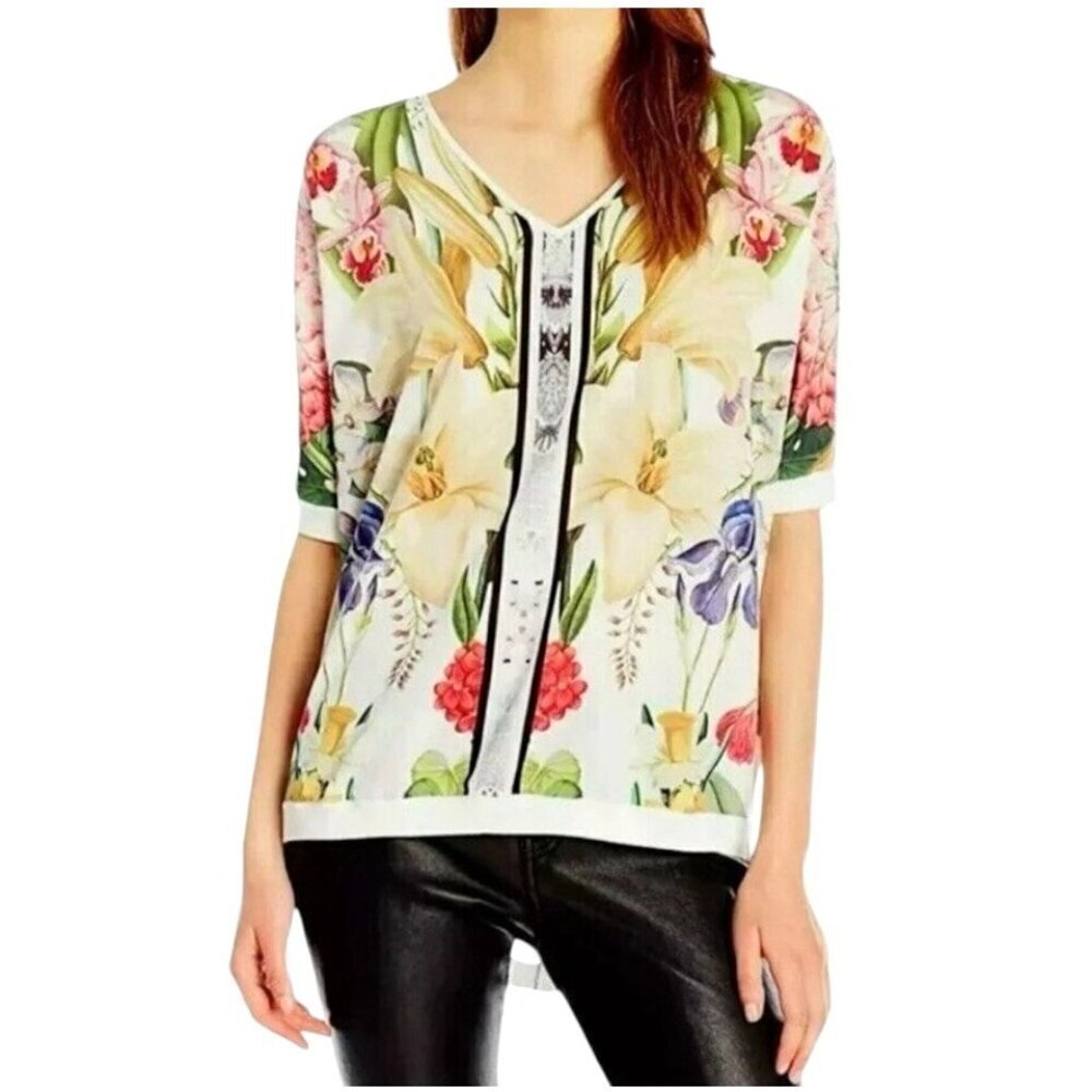 Ted Baker Shirt Women Small Ivory Silky Floral Print Knit Back Half Sleeve Top